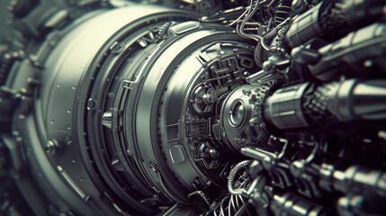 A detailed view of futuristic mechanical engine components, showcasing the intricate design and advanced technology. The metallic surfaces and complex parts reflect high precision and innovative