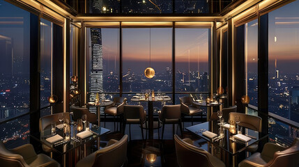 Fototapeta premium Elegant dining at the Rooftop Restaurant and Moon Bar, Banyan Tree Hotel, 61st floor, with panoramic views of Bangkok on Sathorn Road.