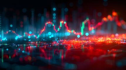 Abstract Financial Data Visualization with Red and Blue Lights and a Blurred Cityscape Background