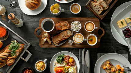Elegant in-room breakfast service at a luxury hotel: food platters, bread, and coffee, highlighting premium travel and hospitality.