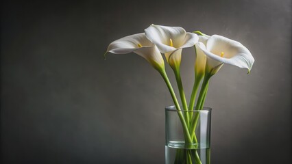 Fototapeta premium Elegant White Calla Lilies in a Glass Vase, Minimalist Still Life Photography, Flowers, Simplicity, Beauty, Nature
