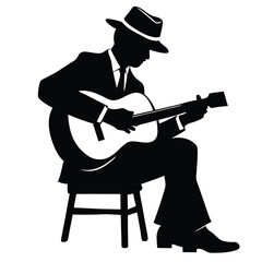 Fototapeta premium a man playing guitar siting a tool, vector silhouette, isolated white background 