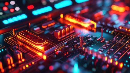 Obraz premium A close-up of a futuristic circuit board illuminated by vibrant neon lights in red and blue hues. The image captures the intricate details of electronic components, evoking a high-tech and sci-fi