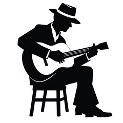 Fototapeta premium a man playing guitar siting a tool, vector silhouette, isolated white background 