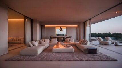 A modern and comfortable interior design, featuring a spacious living room, illuminated by warm, ambient lighting and floor-to-ceiling windows that offer views of a serene outdoor landscape.