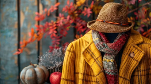 A yellow plaid coat, scarf, and hat, styled for autumn, against a rustic backdrop.