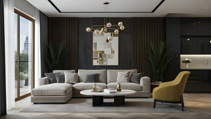 A luxurious apartment, featuring a spacious living area and large windows allowing natural light to flood in.