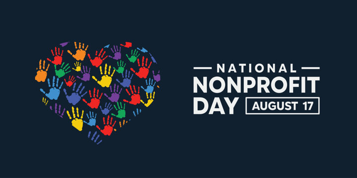 National Nonprofit Day. Heart-shaped hand. Great for cards, banners, posters, social media and more. Dark blue background