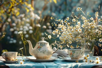 A vintage teapot and teacups set on a table with a bouquet of white flowers, bathed in warm sunlight. A charming garden scene.