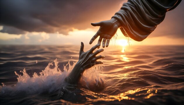 life saving miracle of Jesus Christ son of God saving Peter from drowning. Christmas, Easter, love Heaven and salvation  concept illustration.