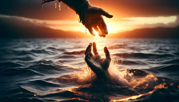 life saving miracle of Jesus Christ son of God saving Peter from drowning. Christmas, Easter, love Heaven and salvation  concept illustration.