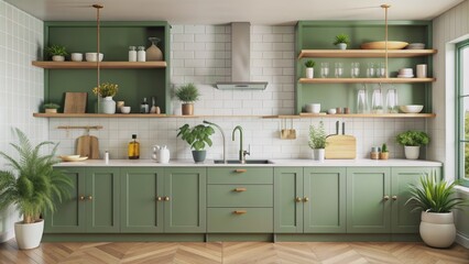 Green Kitchen Cabinetry with Open Shelving and Plants, kitchen design , modern kitchen , interior design , kitchen decor