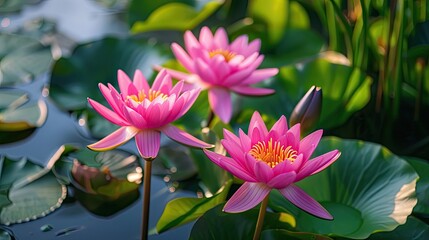 Beautiful blooming water lily lotus flower with green leaves in the pond. Illustration for cover, postcard, interior design, invitations or print.