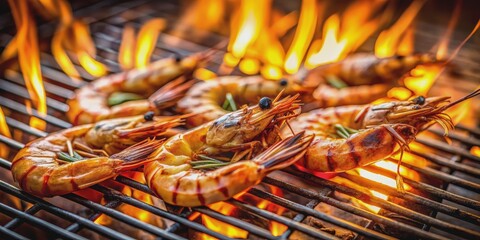 Grilled Shrimp On Fire, Close-up, Food Photography, Seafood, Barbecue , shrimp , grilling