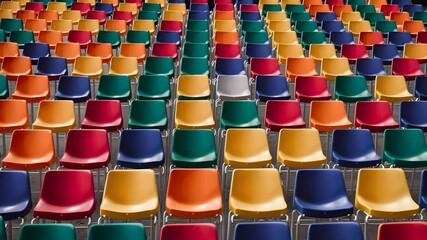 Fototapeta premium Rows of colorful chairs, each with a different hue and design arranged in an orderly fashion,creating a harmonious and vibrant pattern.