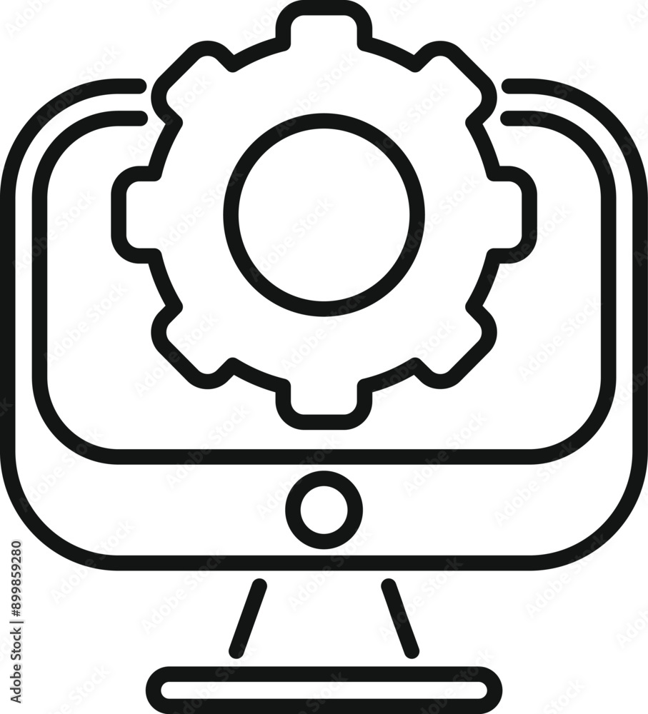 Poster line art icon of a desktop computer showing a big cogwheel, symbolizing operating system configurati