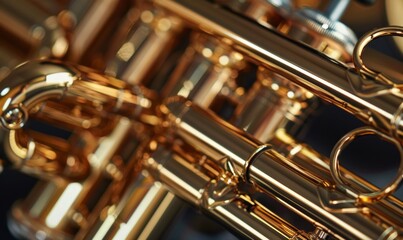 Naklejka premium Examine the intricate valves and tubing of a trumpet, its gleaming brass and embouchure ready to breathe life into jazz improvisations