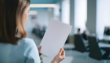 Woman reading a Magazin cover in the office. Mock-Up.