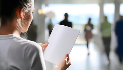 Young woman looking at a white empty magazine cover as a mock-up. Library.