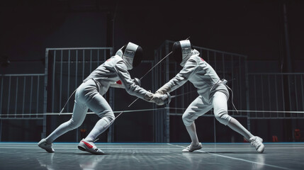 Olympic fencer in action, lunging at their opponent