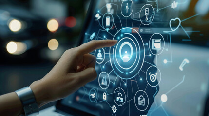 Fototapeta premium Insurance concept with health, travel and car insurance icons on touch screen.