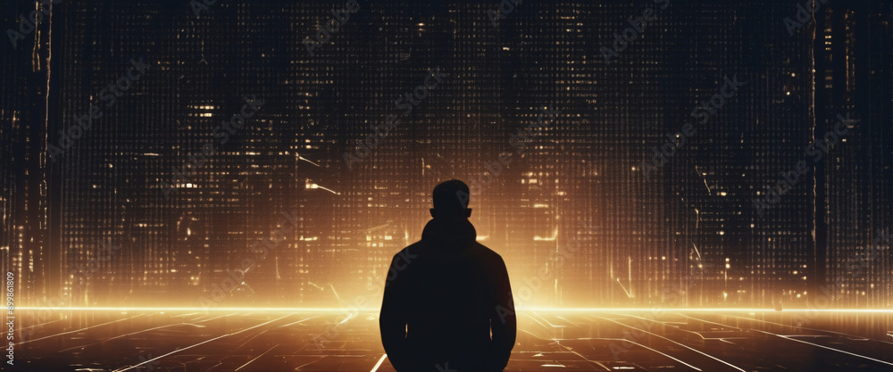 Poster person standing in front of a giant digital screen with a flow of data showing various cyber threats