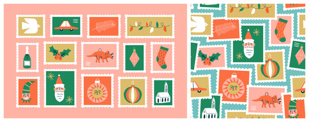 Set of vintage christmas post card stamp pattern illustration. Retro style winter holiday postage sticker collection, xmas celebration mail postmark, festive postal label background.