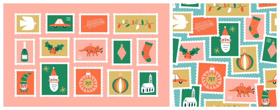 Set of vintage christmas post card stamp pattern illustration. Retro style winter holiday postage sticker collection, xmas celebration mail postmark, festive postal label background.