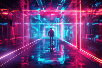Person Standing in Symmetrical Neon Tunnel with Pink and Blue Lights, Hyper Realistic and Photo Realistic Style, Capturing Futuristic and Modern Vibes