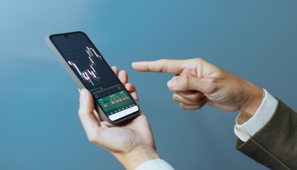 Finger pointing to smartphone for stock trading