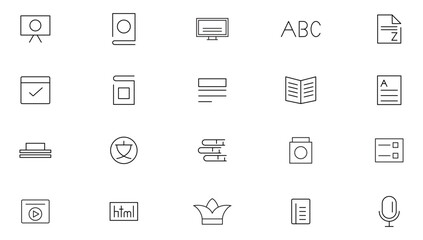 Language line icons set. Code, API, programming, developer, information technology, Internet, web, AI technology, machine learning, and smart robotic outline icon collection. Ui thin icon pack