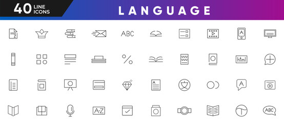 Language line icons set. Code, API, programming, developer, information technology, Internet, web, AI technology, machine learning, and smart robotic outline icon collection. Ui thin icon pack