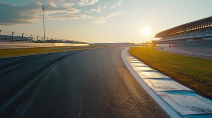 an empty MotoGP track at dawn, with the sun just beginning to rise over the horizon