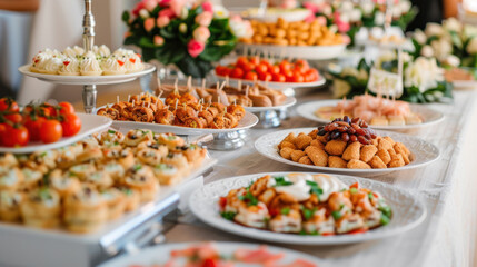 Assortment of snacks on a catering plate, beautifully arranged on a buffet table, ready for guests to enjoy.