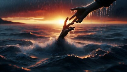 Hands reaching for salvation amidst stormy waves at sunset. Powerful image of hope, survival, and human connection in perilous waters. Atmospheric scene with rain, splashing water