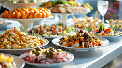 Obraz premium Assortment of snacks on a catering plate, beautifully arranged on a buffet table, ready for guests to enjoy.
