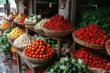 A market with a variety of fruits and vegetables, including tomatoes, peppers