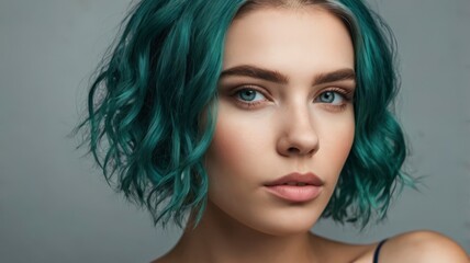 Fototapeta premium Beautiful young woman with teal hair and perfect skin, natural makeup, wellness
