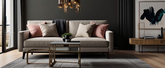 Sleek sofa, plush pillows define modern living room interior