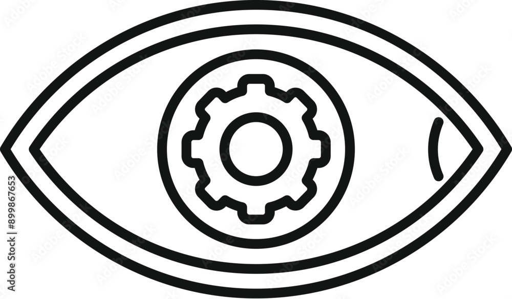 Poster line art icon of an eye with a gear inside, representing the ability to think strategically and find