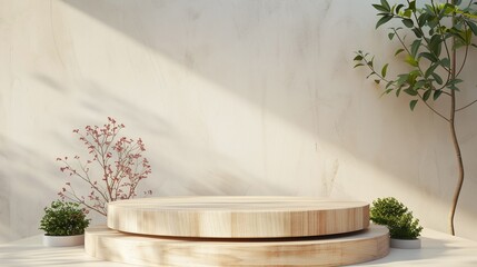 Elegant Product Staging: Beautiful Wooden Podium with Plant Decor for Professional Advertising
