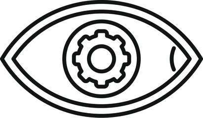 Line art icon of an eye with a gear inside, representing the ability to think strategically and find innovative solutions