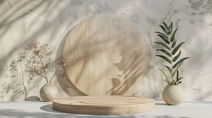 Elegant Product Staging: Beautiful Wooden Podium with Plant Decor for Professional Advertising