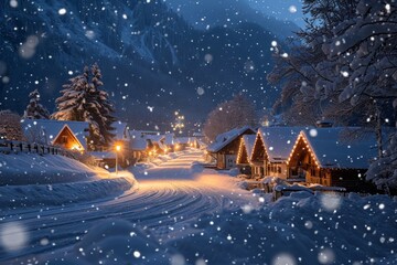 Fototapeta premium A photograph showcasing a snowy night with a village in the foreground, capturing the quiet ambiance and wintry landscape, Mountain village lights twinkling through a snowy night, AI Generated