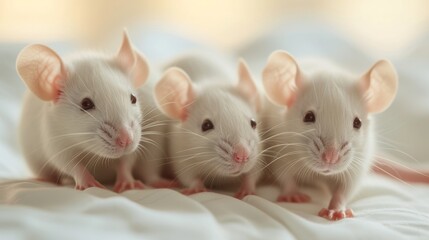 Three adorable white rats sit closely together on soft, white bedding, illuminated by gentle light. Their pink ears and delicate whiskers add to the charm of this tender and serene scene.