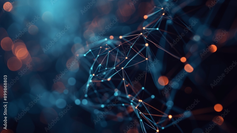 Poster an abstract depiction of a network with interconnected glowing blue and orange nodes. the intricate 