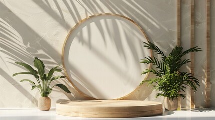 Elegant Product Staging: Beautiful Wooden Podium with Plant Decor for Professional Advertising