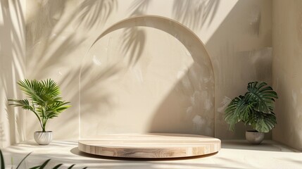 Elegant Product Staging: Beautiful Wooden Podium with Plant Decor for Professional Advertising
