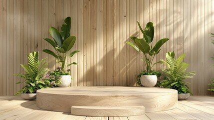 Elegant Product Staging: Beautiful Wooden Podium with Plant Decor for Professional Advertising
