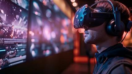 A man wearing a VR headset looks intently at the immersive virtual reality experience presented at a sales presentation.